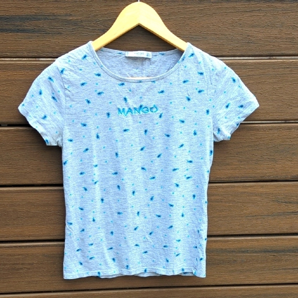 Womens Mango Gray & Blue Paisley Embroidery T-Shirt - Size XS/S Great Condition